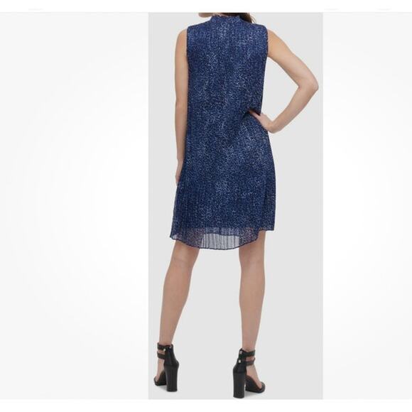 DKNY Womens Dress 12 Blue Pleated Animal Print Tie Neck Mini Office Modest - Picture 9 of 9